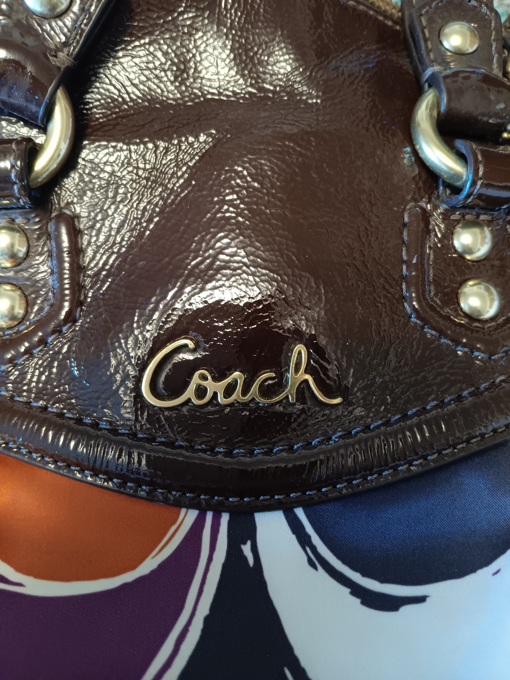 Coach Glossy Dark Brown Patent Leather Shoulder Bag with Gold Logo